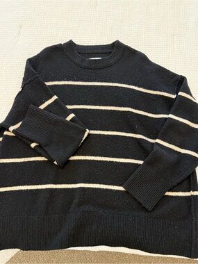 aerie Black Crewneck Sweater with Cream Stripes